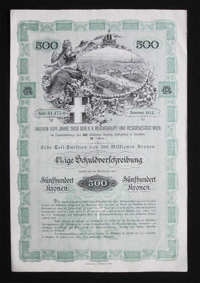 Bécs város 4%-os kötvénye 500 korona 1908